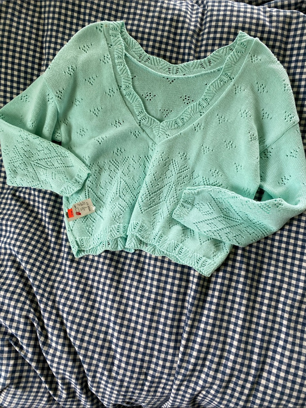 Vintage pointelle crochet Cropped Mint V-Neck Openwork Knit Sweater